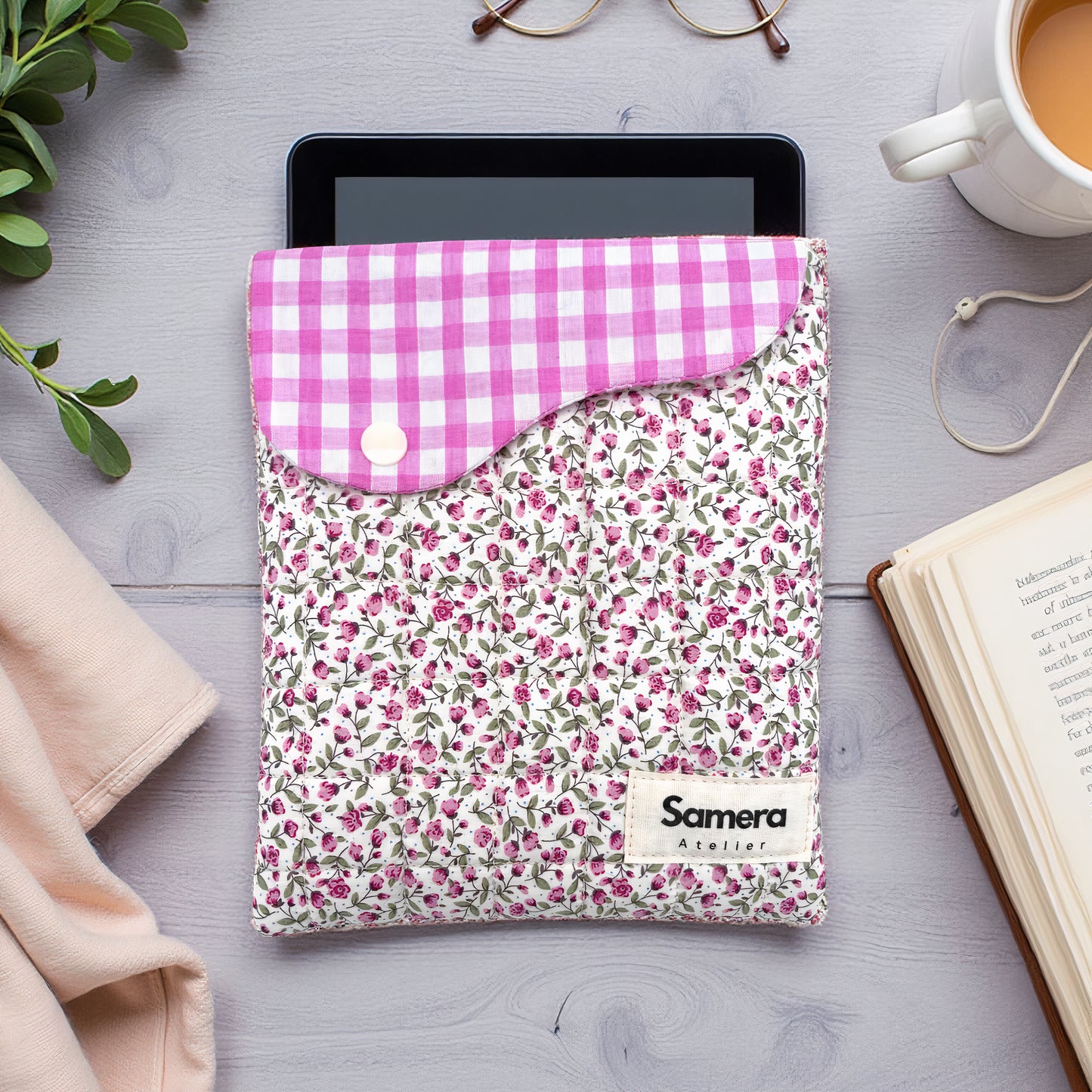Pink Ditsy Quilted Cotton Kindle Sleeve - Padded E-Reader Case