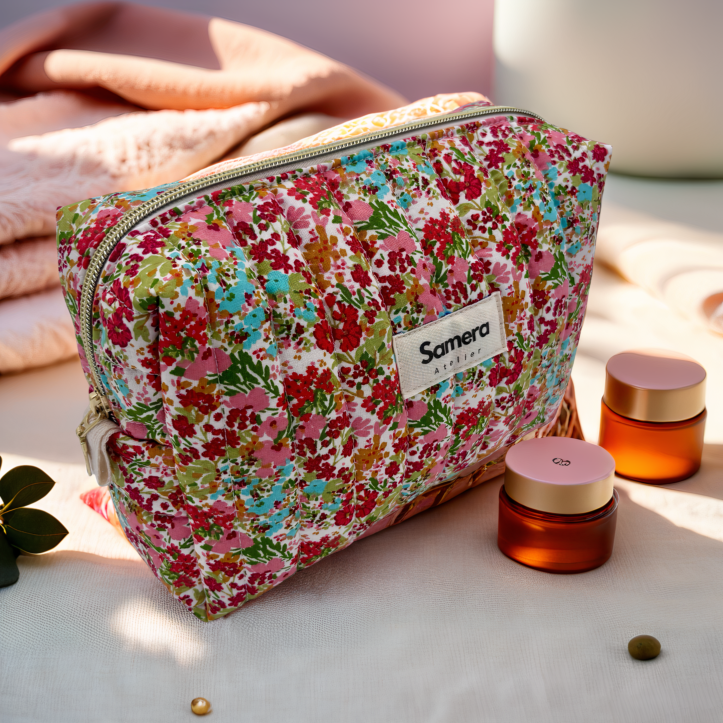 Floral RubyQuilted Cotton Cosmetic Bag - Carry all