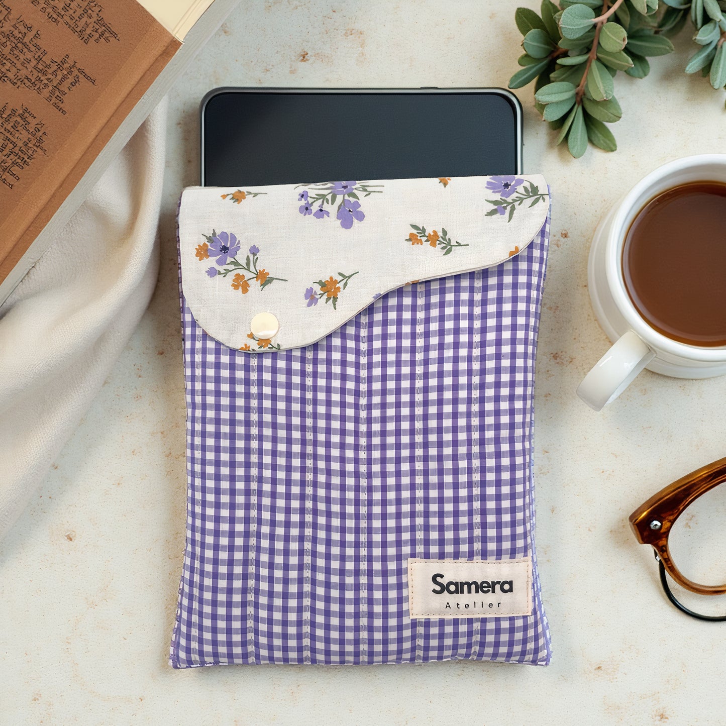 Cute lilac Gingham Quilted Cotton Kindle Sleeve - Padded E-Reader Case