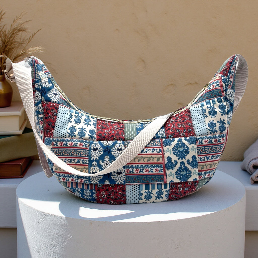 Blue Patchwork Puffy Crescent Bag