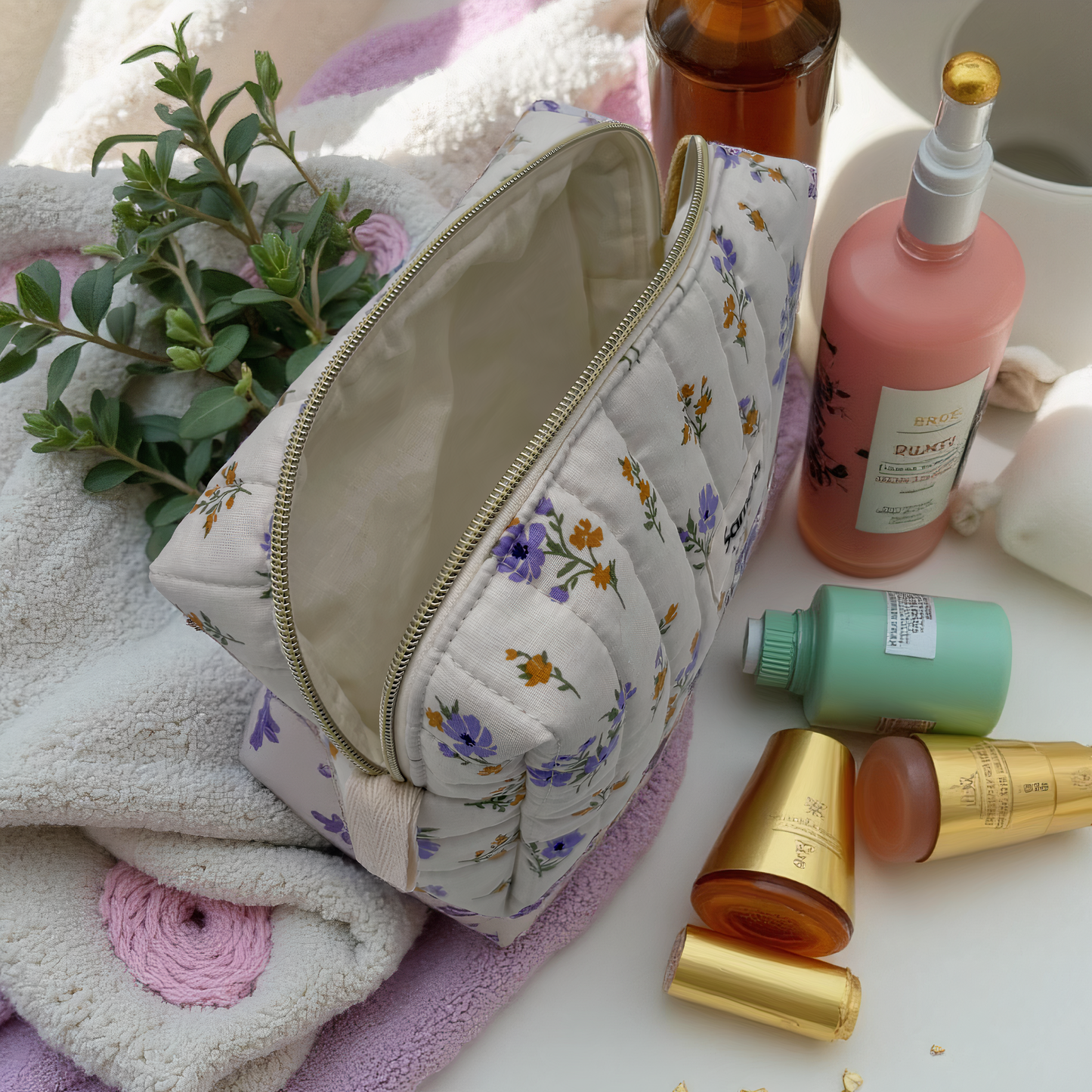 Floral LilacQuilted Cotton Cosmetic Bag - Carry all