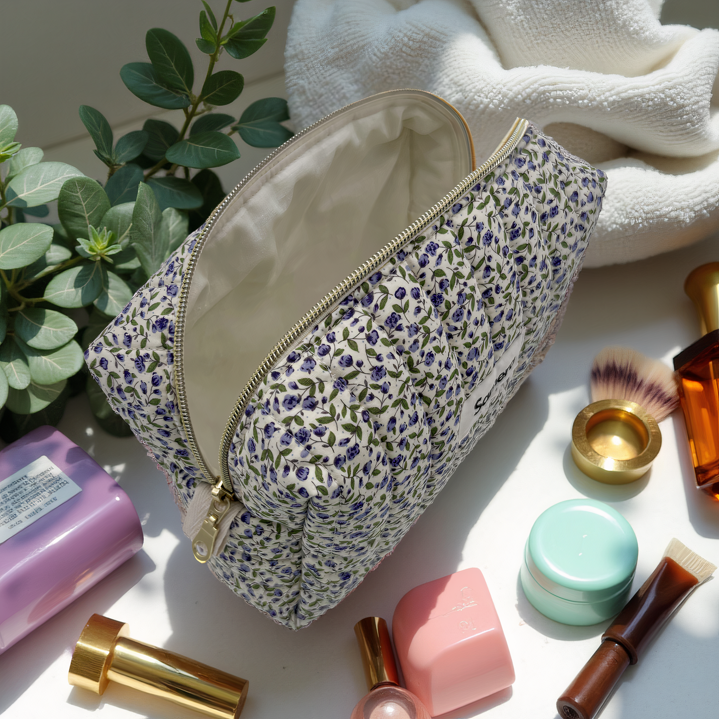 Ditsy Lilac Quilted Cotton Cosmetic Bag - Carry all