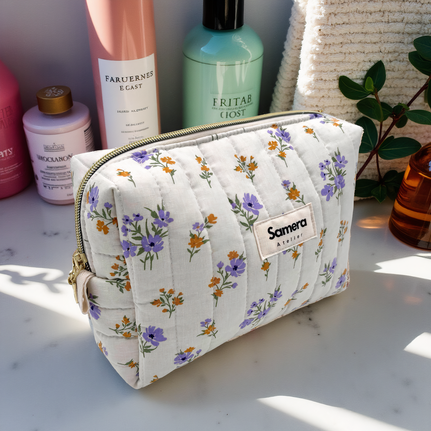 Floral LilacQuilted Cotton Cosmetic Bag - Carry all