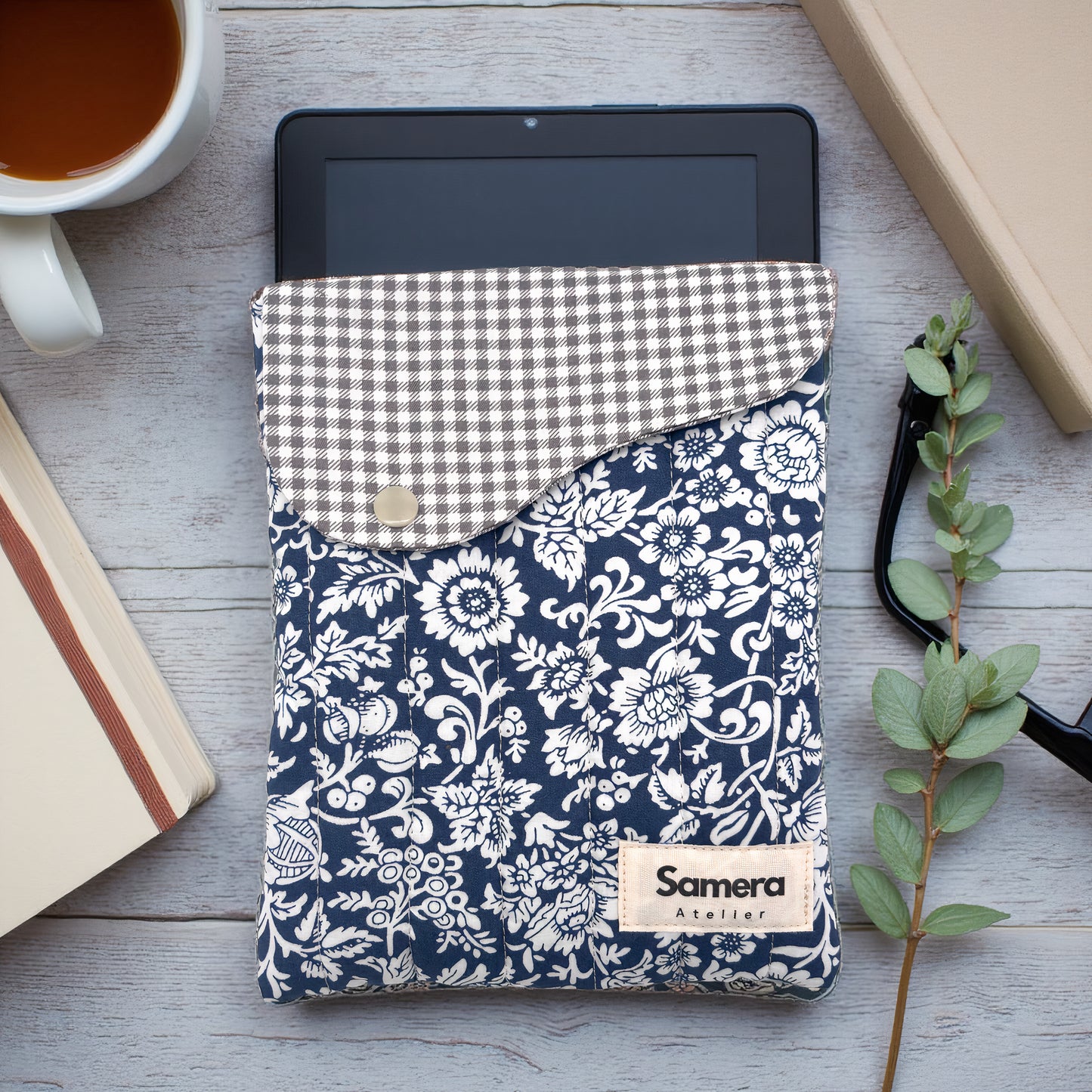 Cute blue greyish floral Quilted Cotton Kindle Sleeve - Padded E-Reader Case