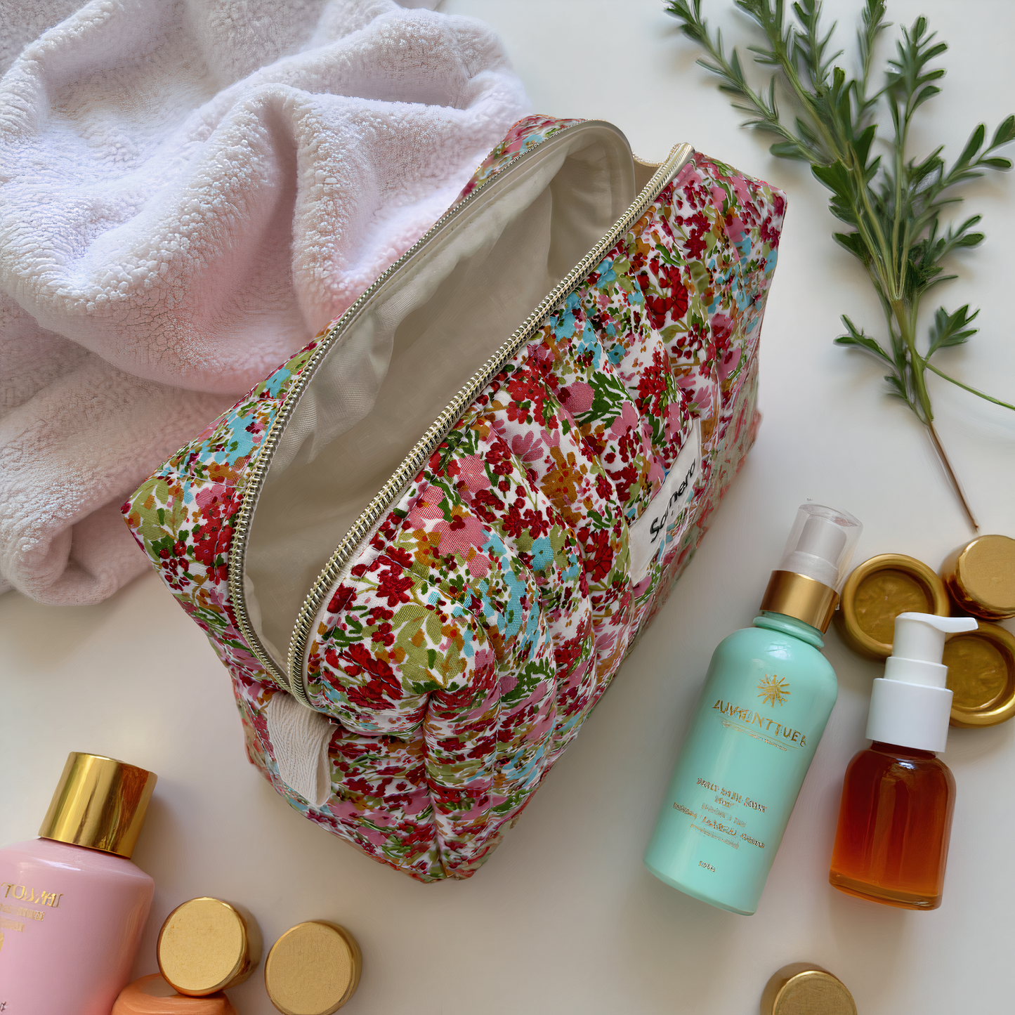 Floral RubyQuilted Cotton Cosmetic Bag - Carry all