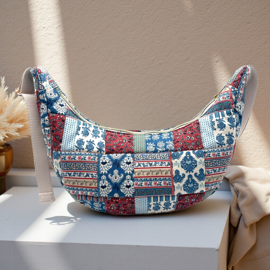 Blue Patchwork Puffy Crescent Bag