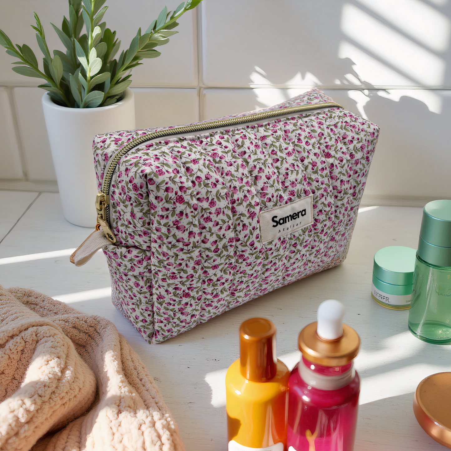 Ditsy Pink Quilted Cotton Cosmetic Bag - Carry all