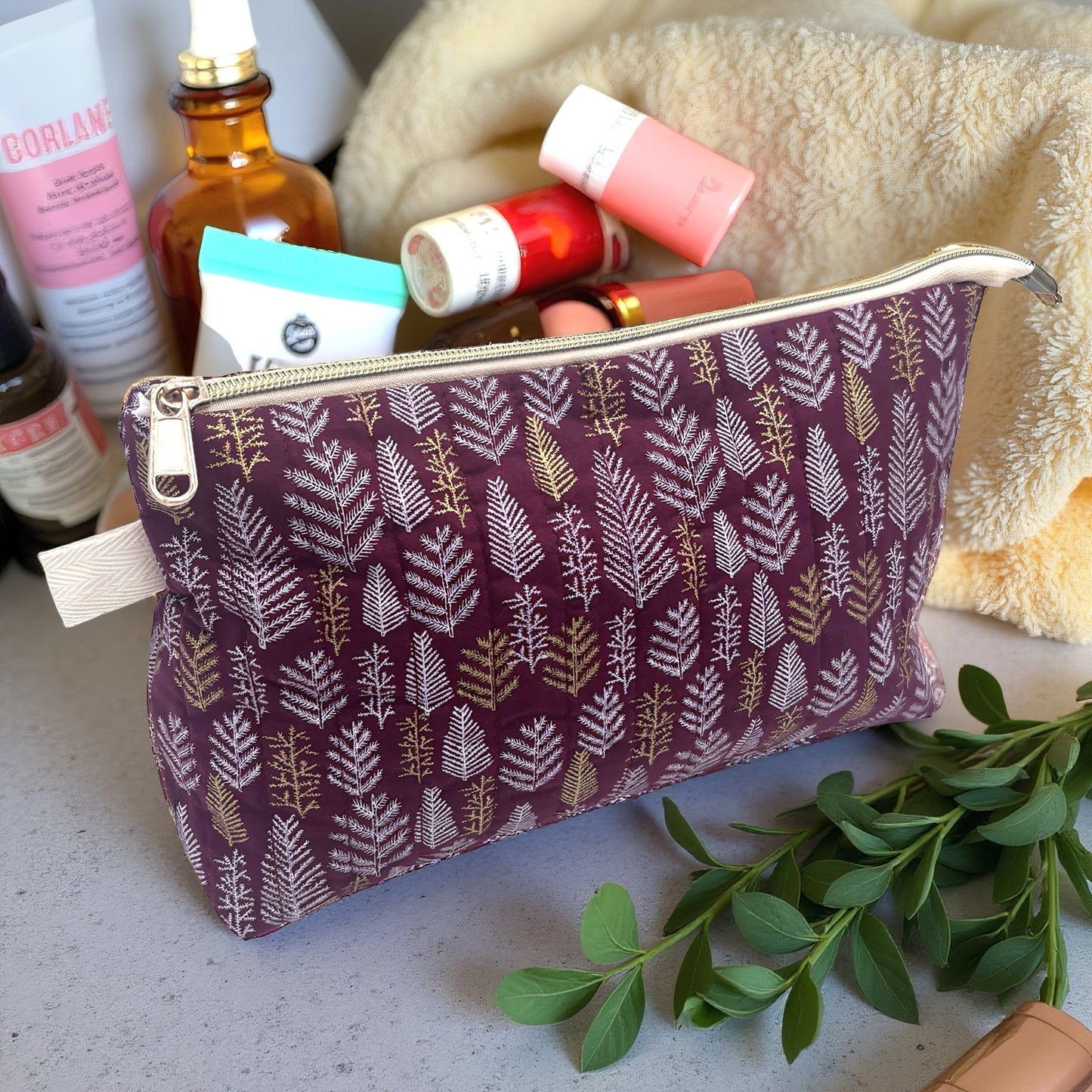 Red Forest Quilted Cotton Wash Bag - Toiletry Pouch