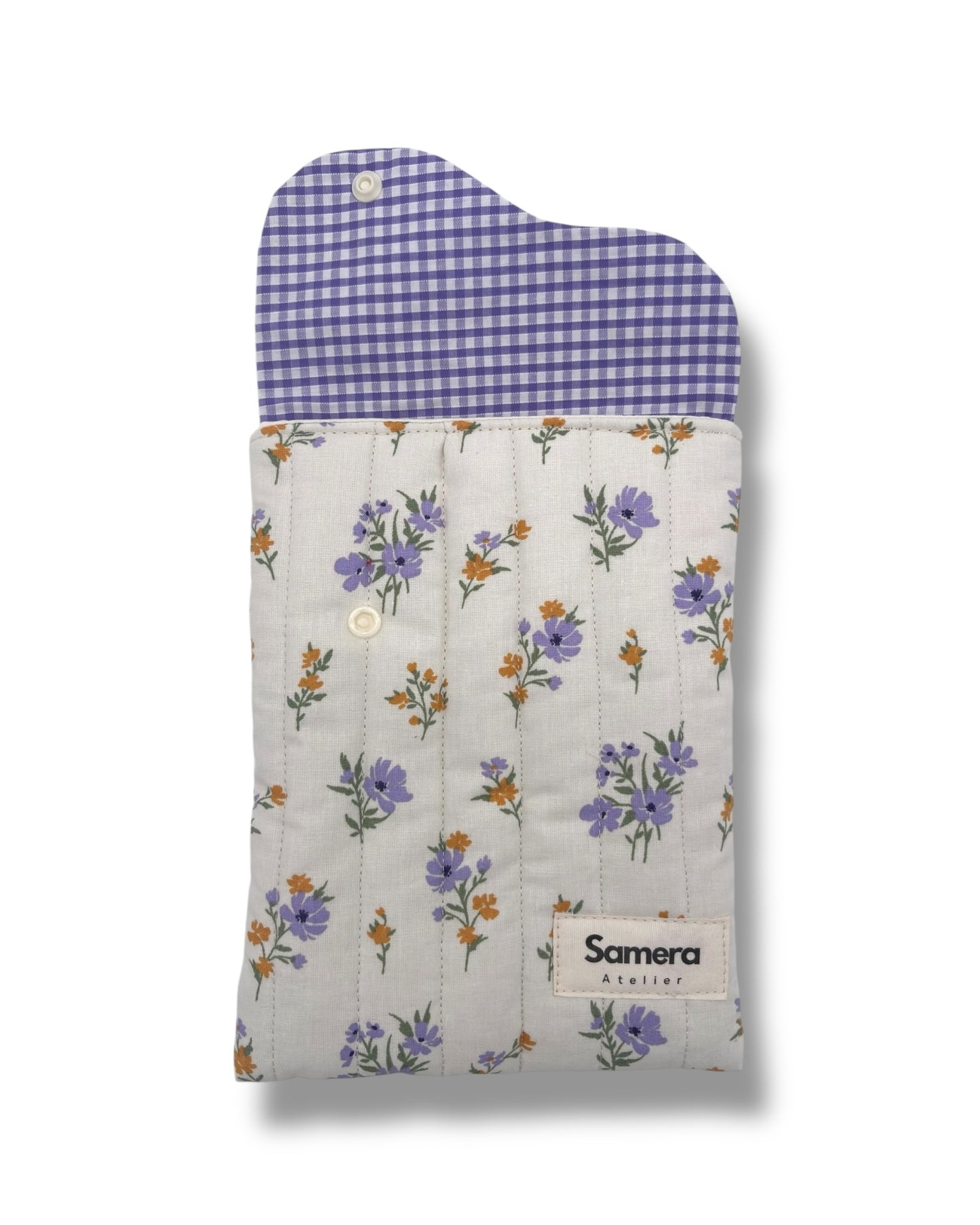 Cute lilac Gingham & Floral Quilted Cotton Kindle Sleeve - Padded E-Reader Case