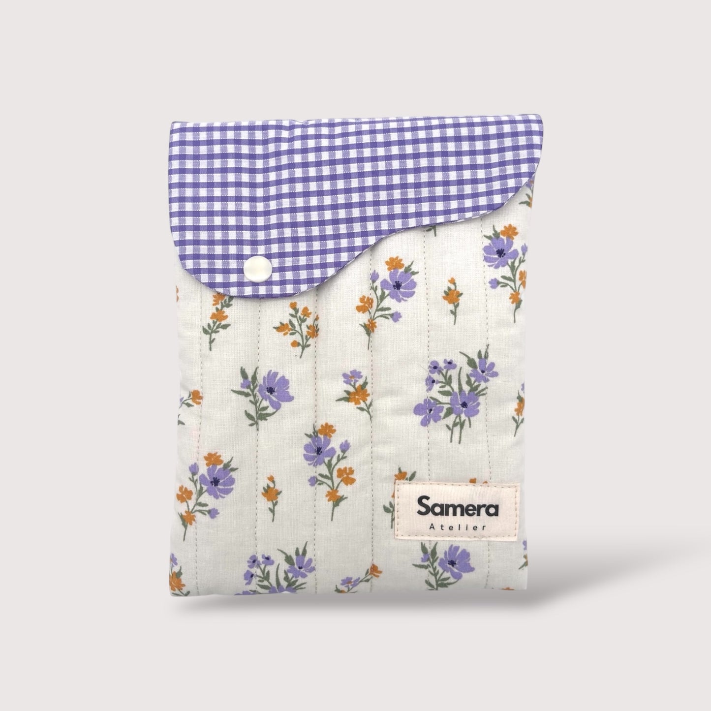 Cute lilac Gingham & Floral Quilted Cotton Kindle Sleeve - Padded E-Reader Case