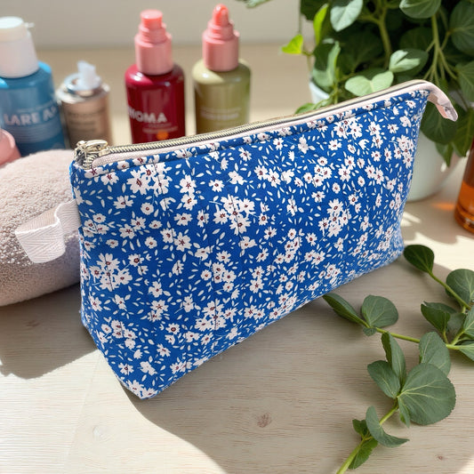 Blue ditsy Quilted Cotton Wash Bag - Toiletry Pouch