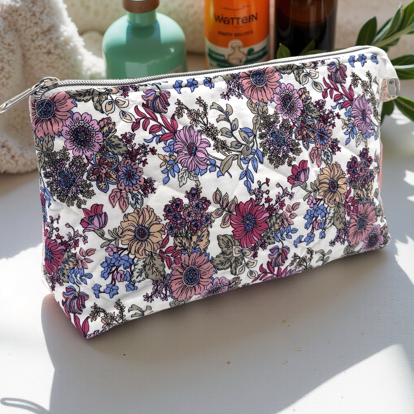 Rainbow Flowers Quilted Cotton Wash Bag - Toiletry Pouch