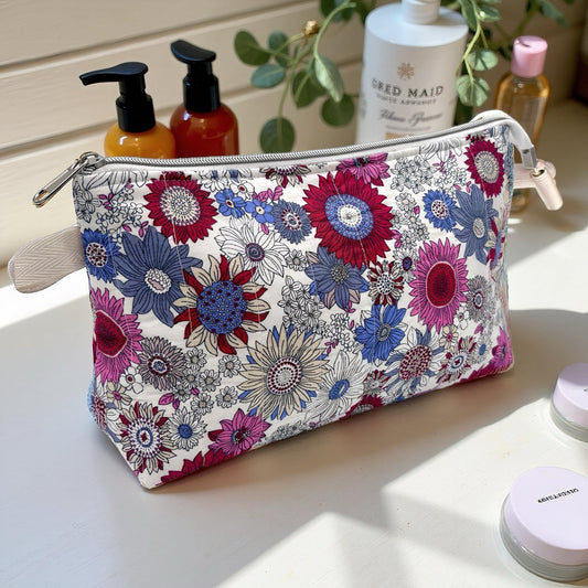 Pink Sunflowers Quilted Cotton Wash Bag - Toiletry Pouch