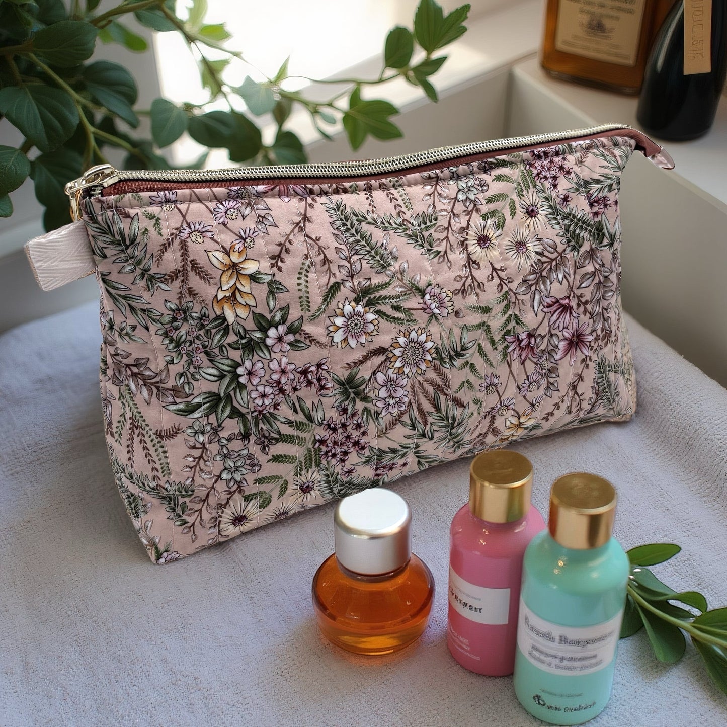Beige Forest Quilted Cotton Wash Bag - Toiletry Pouch
