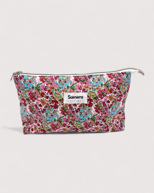 Red Floral Cotton Wash Bag - Toiletry Pouch