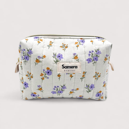Floral LilacQuilted Cotton Cosmetic Bag -  Carry all